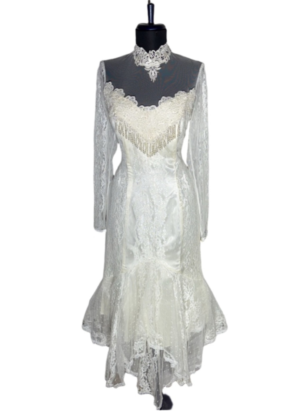Vintage Victorian wedding white gown bridal dress cream lace sheer low back M